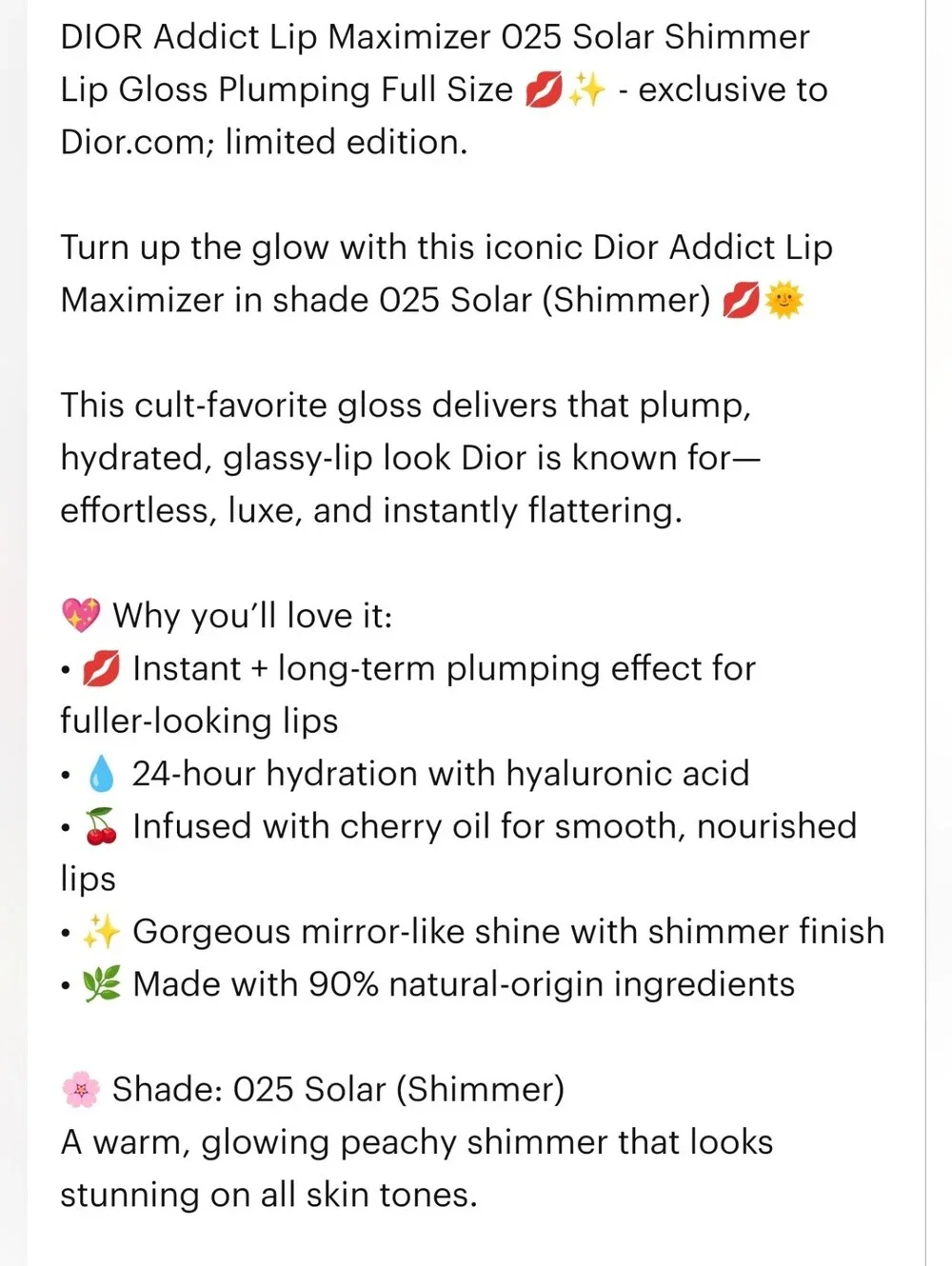 DIOR Addict Lip Maximizer 025 Solar Shimmer Lip Gloss Plumping Full Size NIB